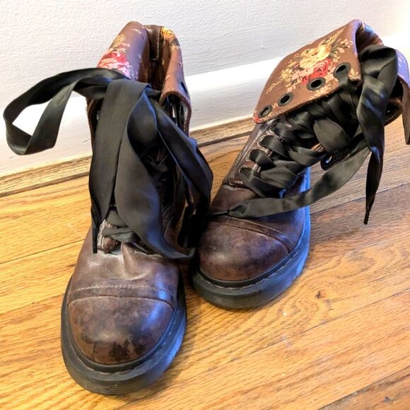 Dr. Martens Floral Combat Boots Vintage Leather Lace-up Ankle‎ Boots UK 4 - Picture 2 of 16
